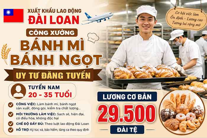 Công xưởng Uy Tư Đăng tại Đài Loan tuyển gấp 2 Nam sx bánh ngọt