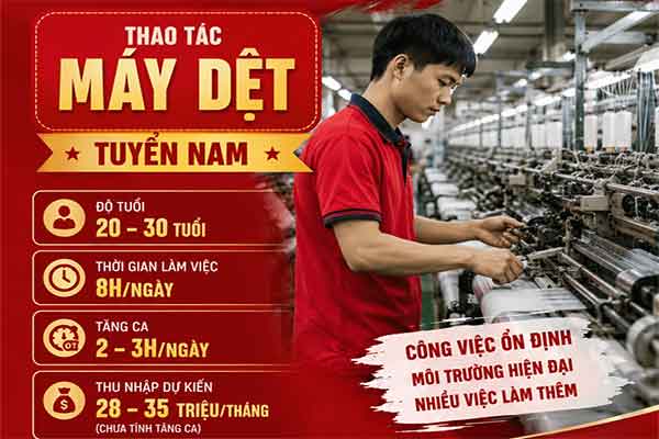 Đơn hàng tuyển 2 Nam thao tác máy dệt tại Đào Viên, Đài Loan