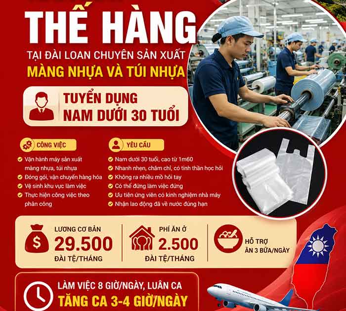 Nhà máy nhựa Thế Hàng tuyển 2 Nam làm việc tại Gia Nghĩa, Đài Loan