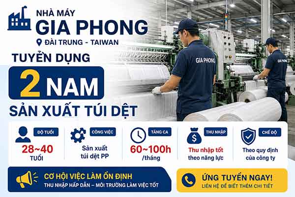Công xưởng Gia Phong tại Đài Trung tuyển 2 Nam sản xuất túi dệt