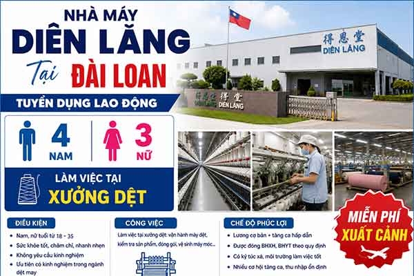 Đơn hàng Nhà máy Diên Lăng tuyển 4 Nam và 3 Nữ