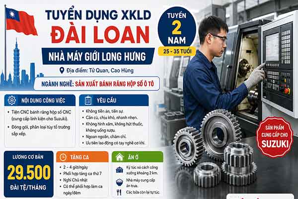 Đơn hàng nhà máy Giới Long Hưng tại Cao Hùng cần tuyển 2 Nam