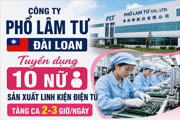 Đơn hàng tuyển 10 lao động nữ làm việc ở Đào Viên, Đài Loan