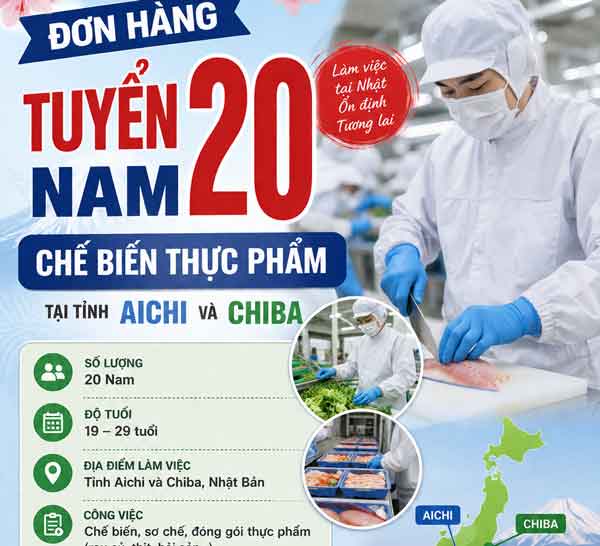 Đơn hàng tuyển 20 Nam chế biến thực phẩm tại tỉnh Aichi và Chiba