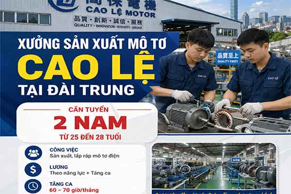 Xưởng sản xuất mô tơ Cao Lệ tại Đài Trung cần tuyển 2 Nam