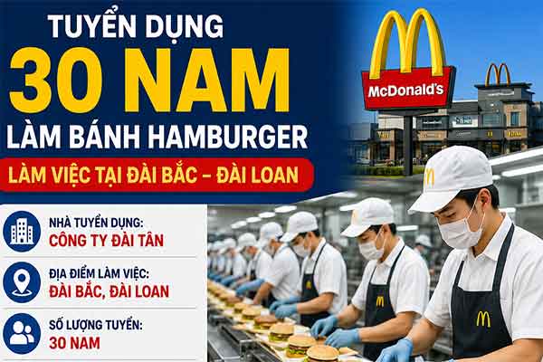 Đơn hàng tuyển 30 nam làm bánh hamburger tại Đài Bắc