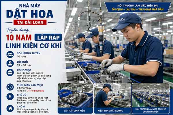 Nhà máy Dật Hoa tại Chương Hóa tuyển 10 nam lắp ráp linh kiện cơ khí