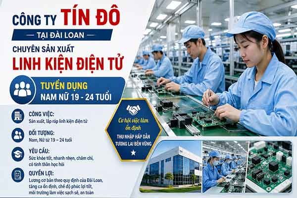 Tuyển 2 Nam + 3 Nữ sản xuất linh kiện điện tử tại Đài Trung